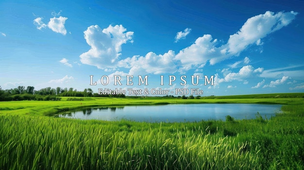 PSD large green field with pond in the middle and beautiful blue sky ai generated