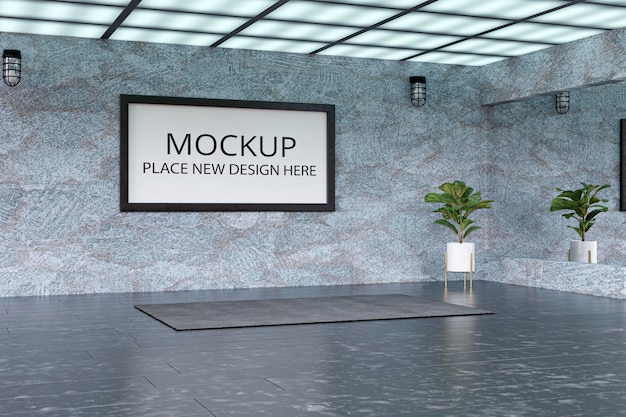 Large mockup poster board on a wall in an empty hall with large mirror 3d rendered illustration