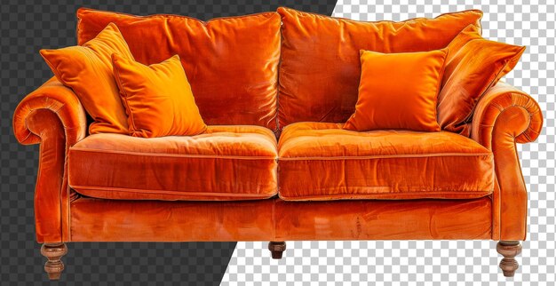 A large orange couch with pillows on it stock png