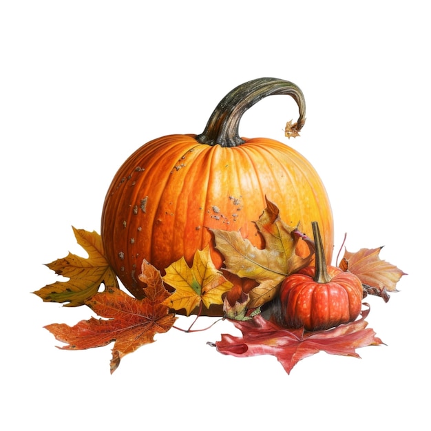 A Large Orange Pumpkin Surrounded by Autumn Leaves