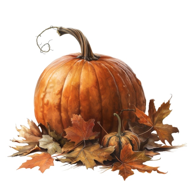 Large Orange Pumpkin with Smaller Pumpkin and Autumn Leaves