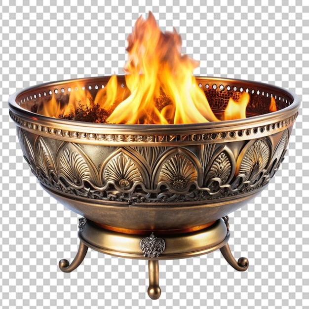 a large ornate metal bowl with fire insideon transparent background