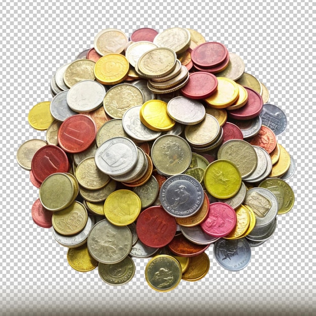 PSD a large pile of different colored coins with a gold coin on top