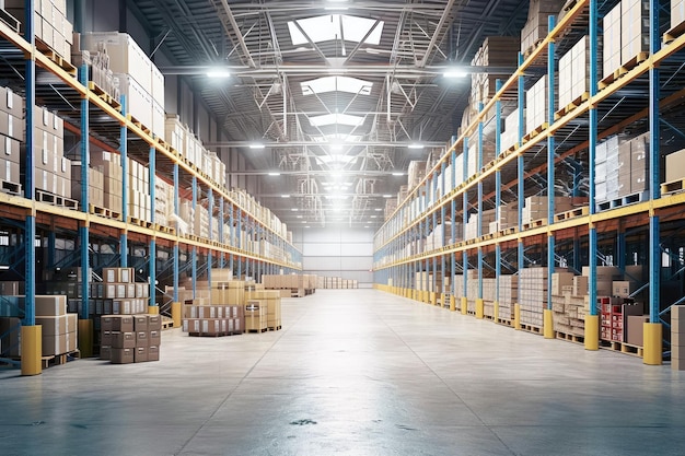 Large warehouse with rows of shelves and rows of boxes 3D rendering