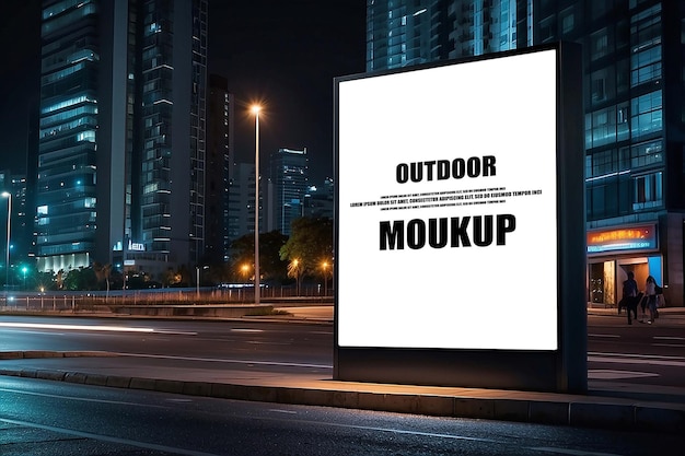 Large white blank billboard promotion poster displayed on the outdoor night sky background info boar