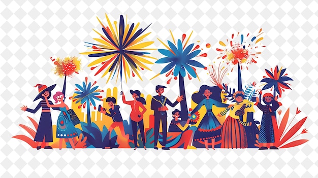 Las Fallas Festival With Characters Watching Fireworks Desig PNG Festival 2D Flat Art Illustrations