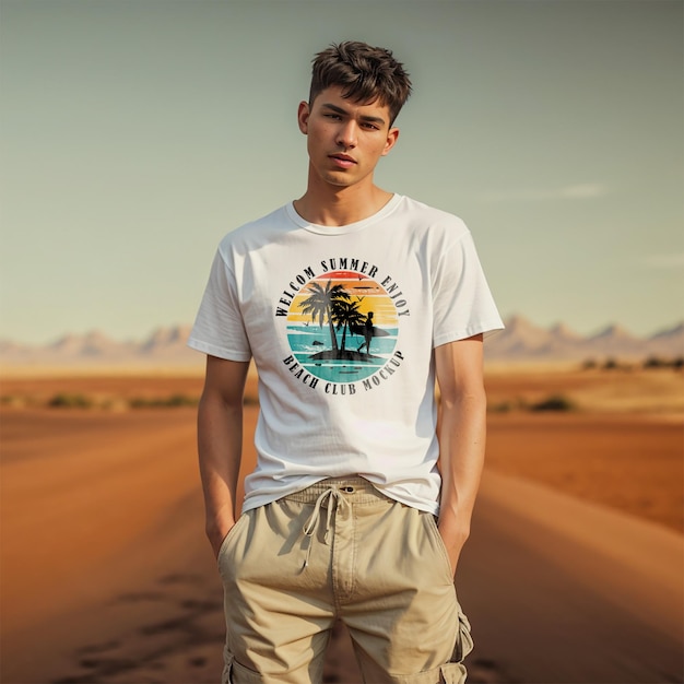 Latin model wearing T Shirt mockup clothes