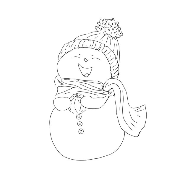 PSD laughing snowman in a warm scarf and hat holds a tangerine in his hands graphics black and white lin