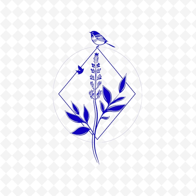 PSD lavender stalk insignia logo with geometric shapes and bird nature herb vector design collections