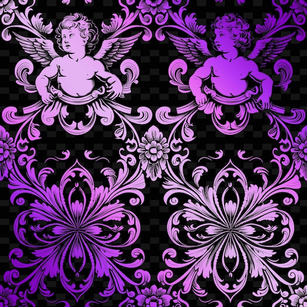 Lavish Baroque Pattern With Kind of Cherub Icon and Flowing Nature Inspired Abstract Outline Art