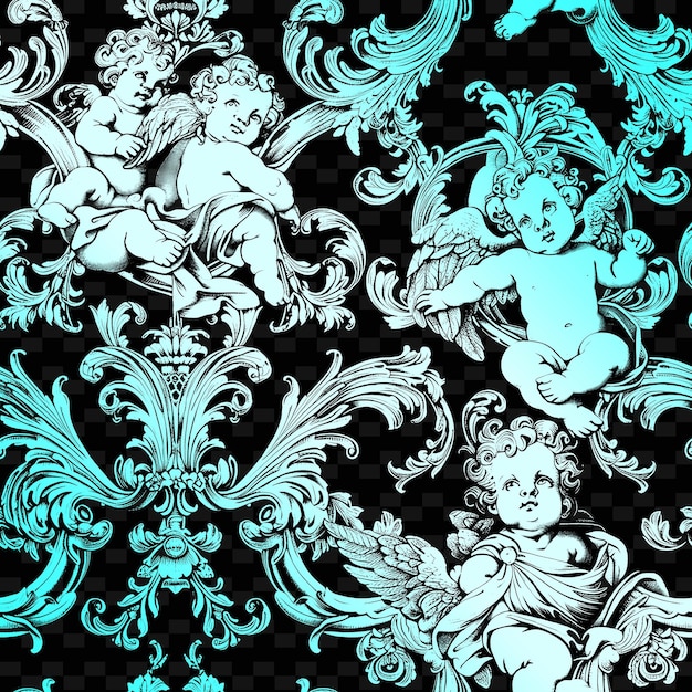 PSD lavish baroque pattern with kind of cherub icon and flowing nature inspired abstract outline art