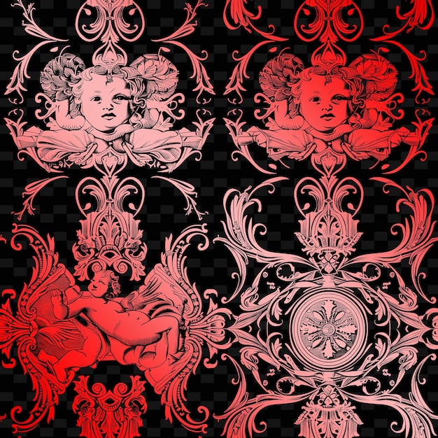 PSD lavish baroque pattern with kind of cherub icon and flowing nature inspired abstract outline art