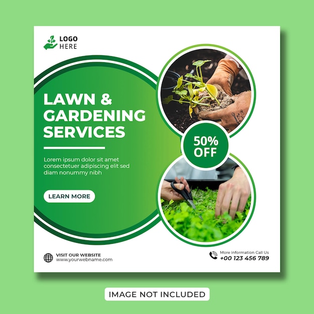 Lawn or gardening service creative social media banner design or square flyer template