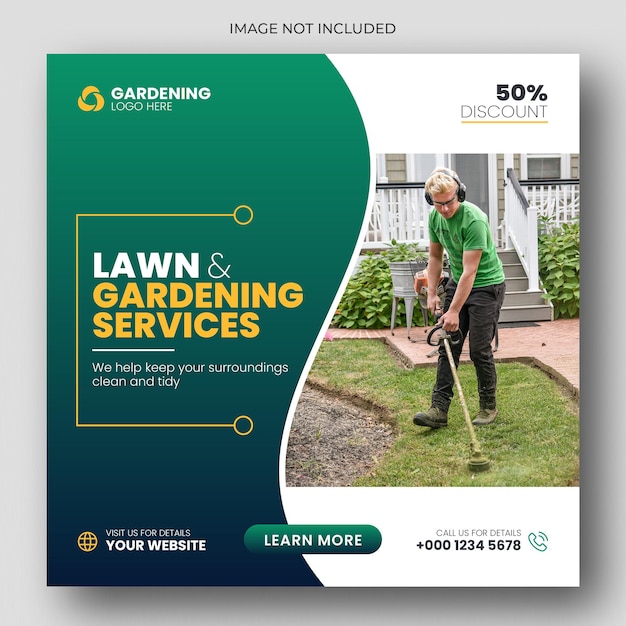 Lawn or gardening service social media post and web banner template