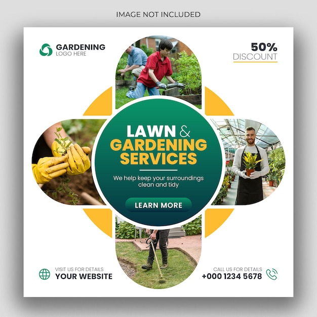 Lawn or gardening service social media post and web banner template