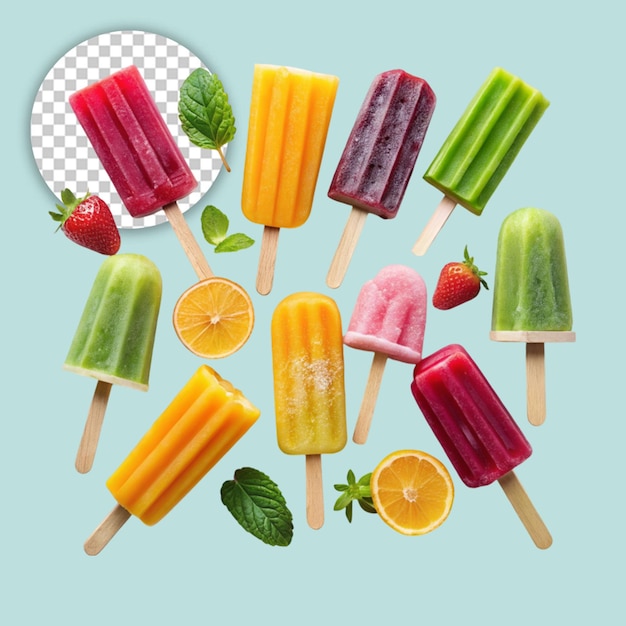 PSD lay flavored ice cream on sticks on on transparent background