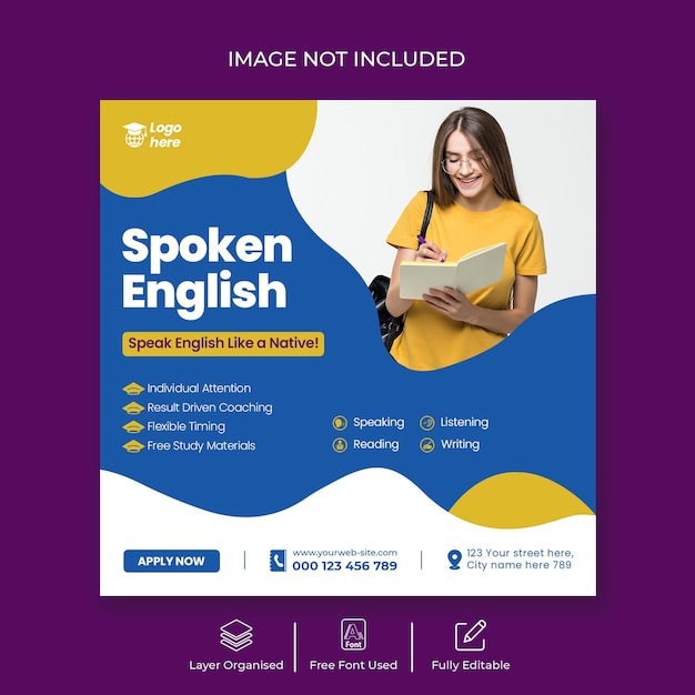 Learn English language and IELTS coaching Instagram post and social media banner template