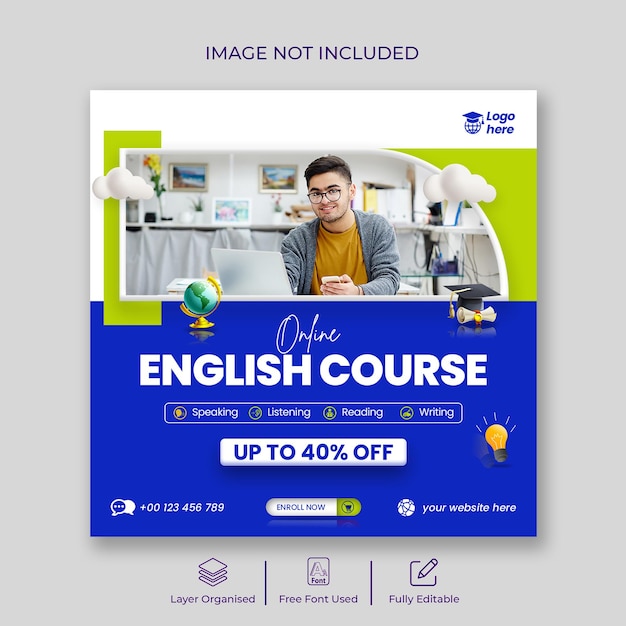 Learn English language and IELTS coaching Instagram post and social media banner template