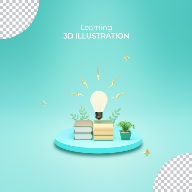 Learning illustration 3d rendering with light bulb and books