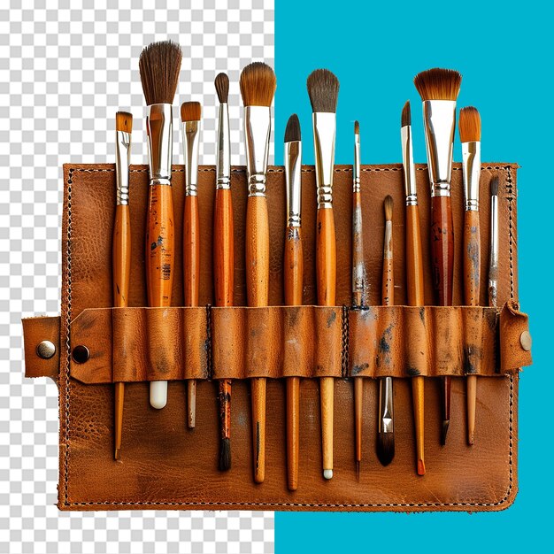 A leather case of fine art brushes isolated on transparent background