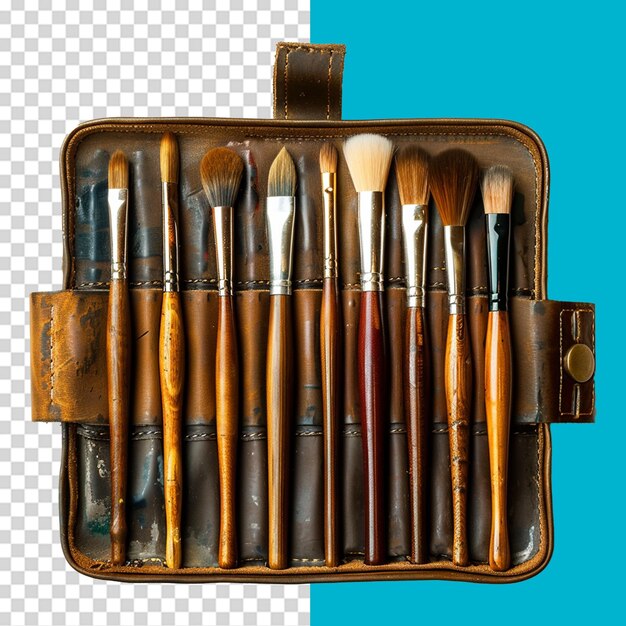 A leather case of fine art brushes isolated on transparent background