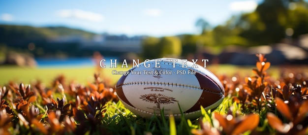 Leather rugby ball lies on a green lawn