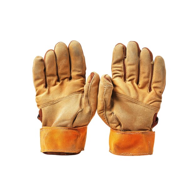 PSD leather work gloves with orange wristband on white surface