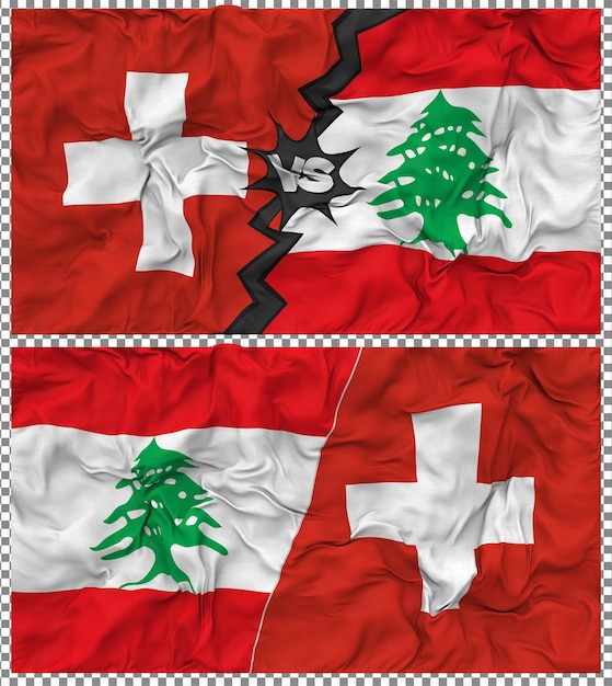 PSD lebanon vs switzerland half combined flag cloth bump texture 3d rendering