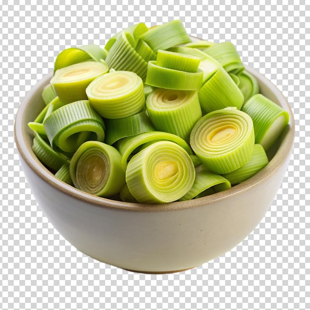 Leek slices in a bowl Isolated on white background