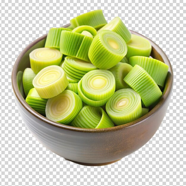 Leek slices in a bowl Isolated on white background