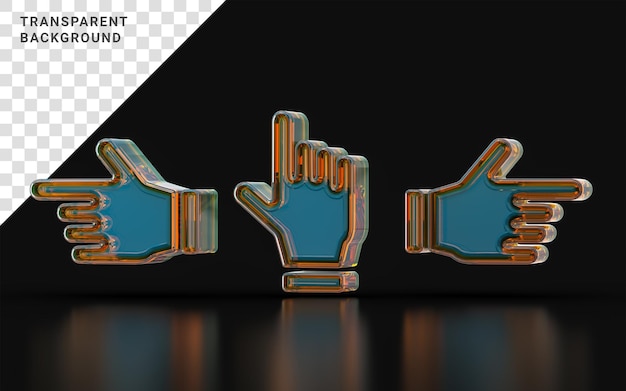 PSD left right and up hand direction sign with glass morphism on dark background 3d illustration