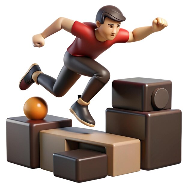 PSD a lego figure jumps over cubes with a man in a red shirt