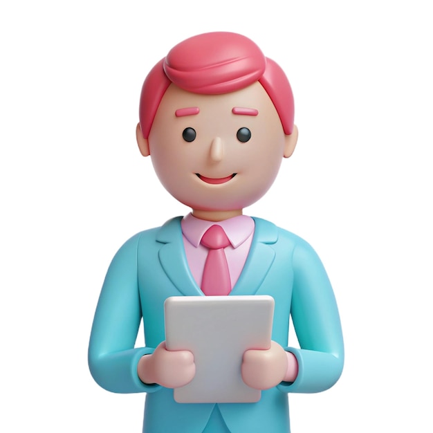 a lego figure of a man holding a tablet with a blue suit on it