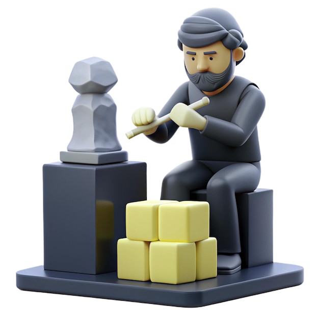 PSD a lego figure with a man working on a piece of gold bars