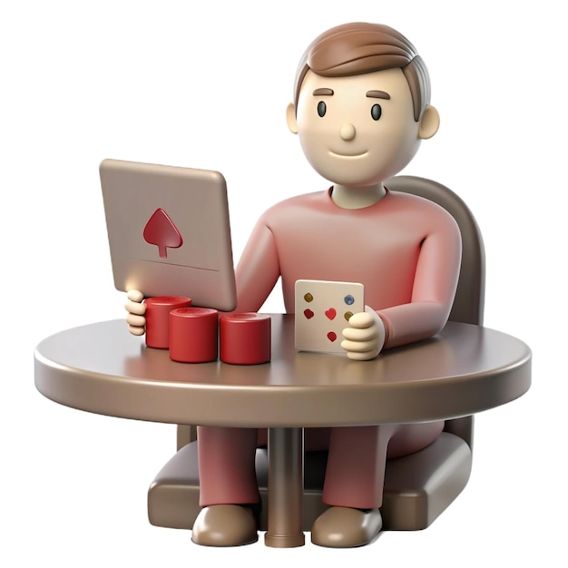 a lego man is sitting at a table with a laptop and cards on it