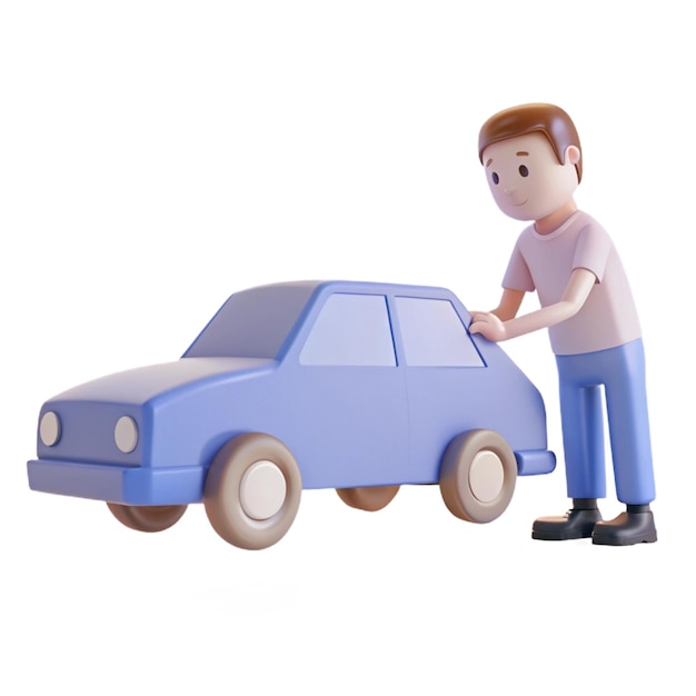 a lego man is standing next to a blue car