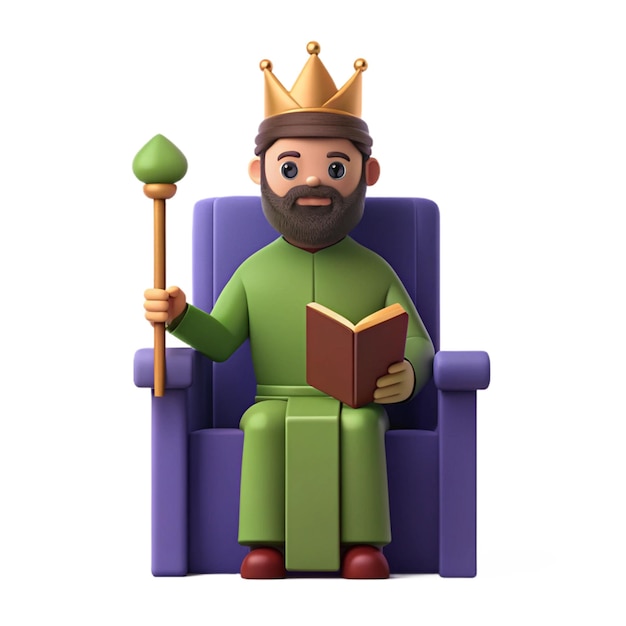 PSD a lego man is wearing a crown and reading a book