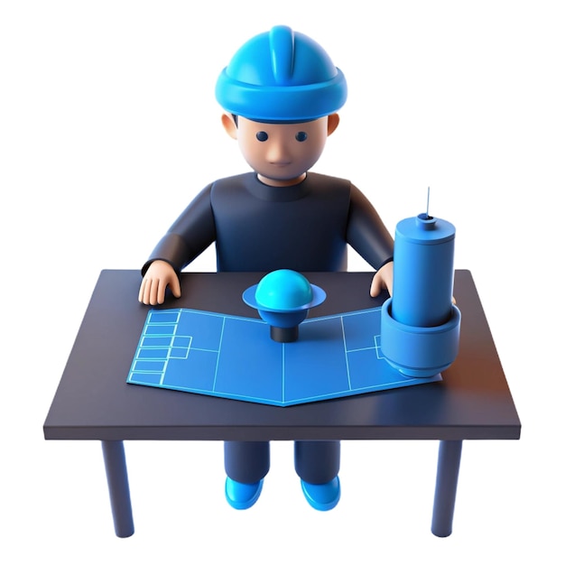 a lego man sits at a desk with a blue helmet on