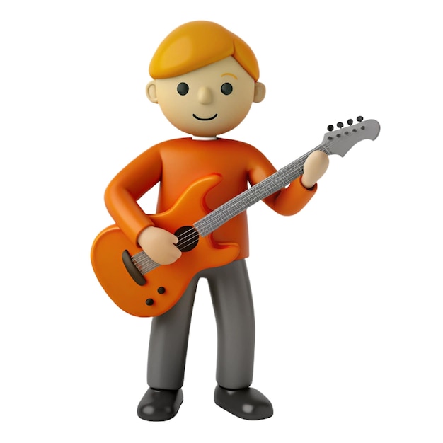 a lego man with an orange shirt holding a guitar