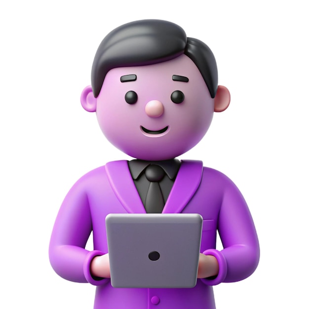 a lego man with a purple suit and a laptop