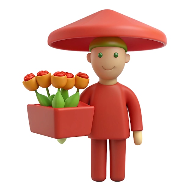 a lego man with a red hat holding a bunch of roses