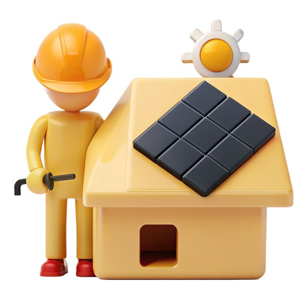 a lego man with a solar panel on his head stands next to a house that has a sunflower on it