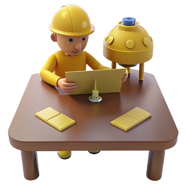 a lego man with a yellow hard hat is sitting at a table with a yellow lego man working on it