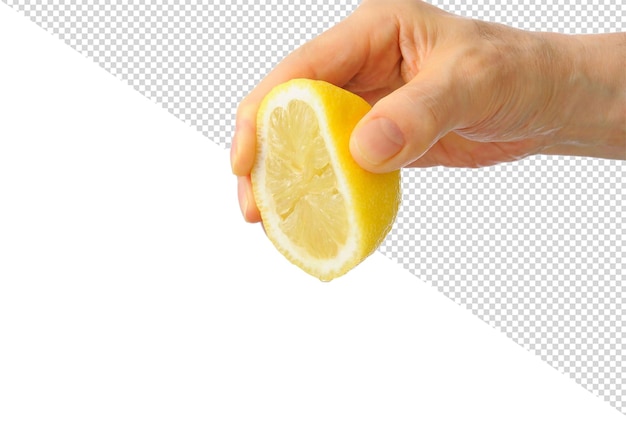 a lemon is being held up by a hand with a white background with a photo of a person holding it