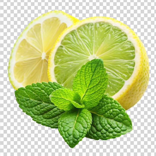 Lemon and lime with a green leaf on top on transparent background