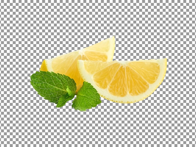 Lemon wedge slice with leaves isolated on transparent background