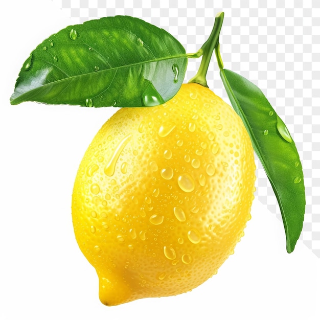 a lemon with water drops on it and a green leaf