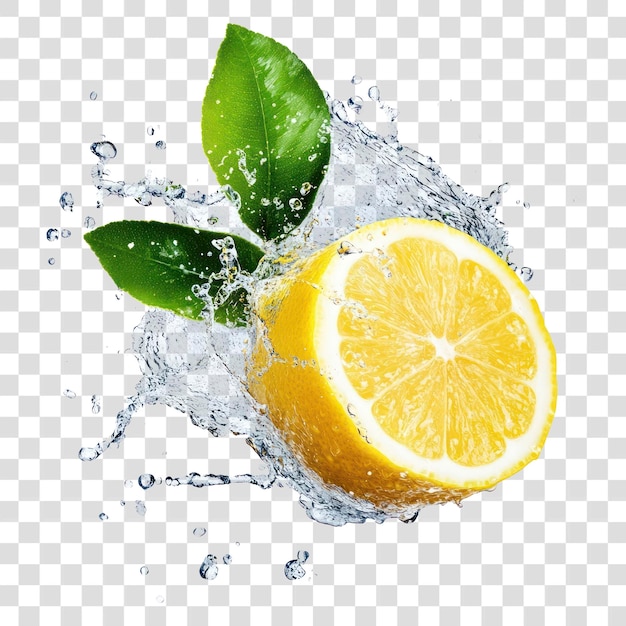 PSD lemon with water splash fruit background leaves