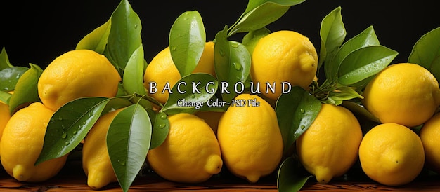 PSD lemons with green leaves on a dark background closeup