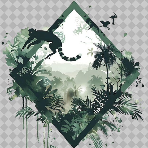 PSD lemur inside a silhouette diamond rainforest adorned with a png watercolor wild life collections